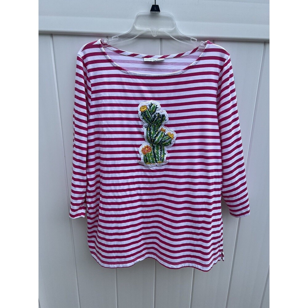 Hillard & Hanson Womens Cactus Tee Pink White Striped 3/4 Sleeve Size 1X